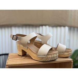 Nisolo All-Day Bone Cream Leather Straps Open Toe Wood Clog Sandals Size 7